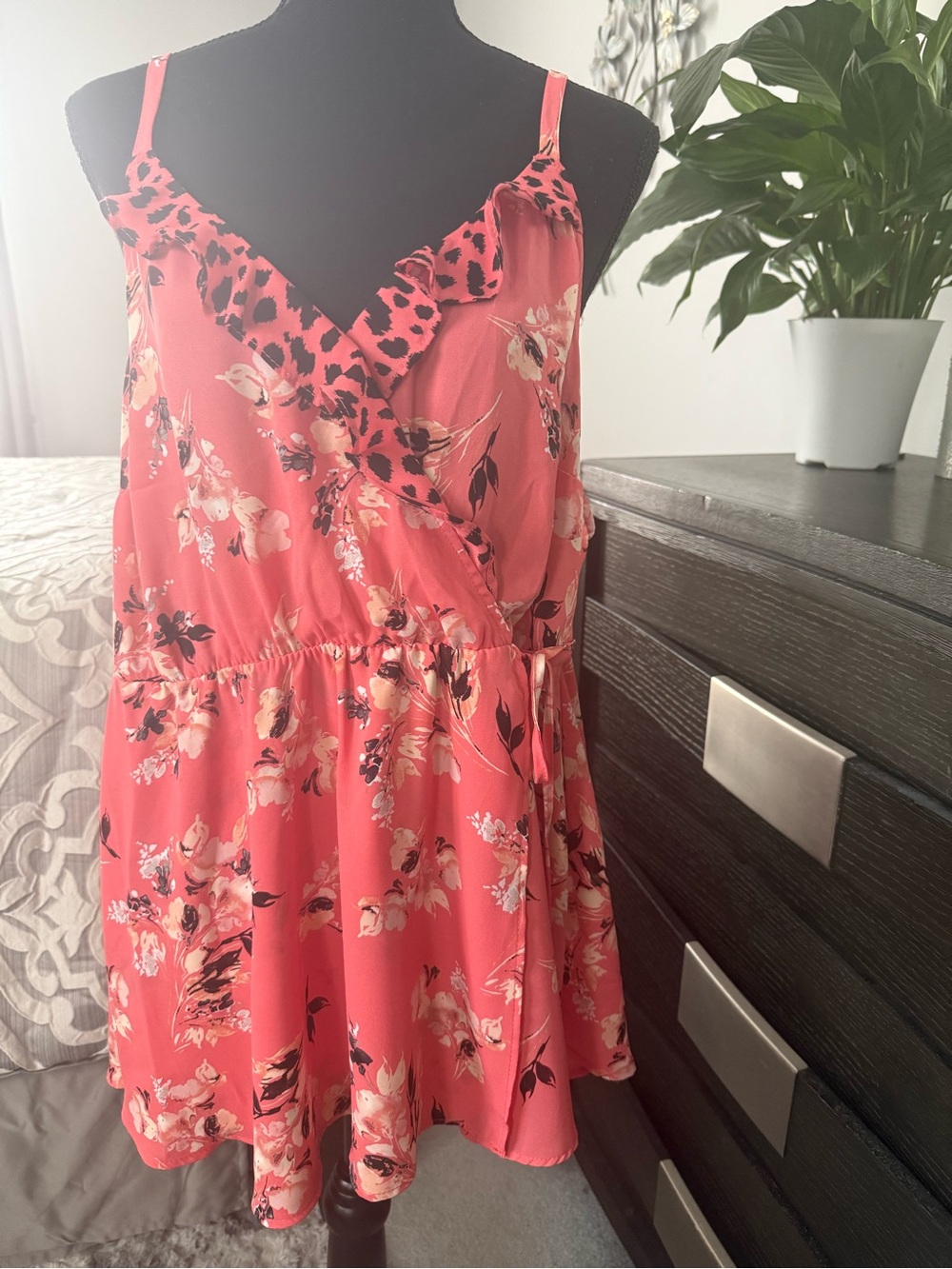 Coral Floral Ruffle Wrap top